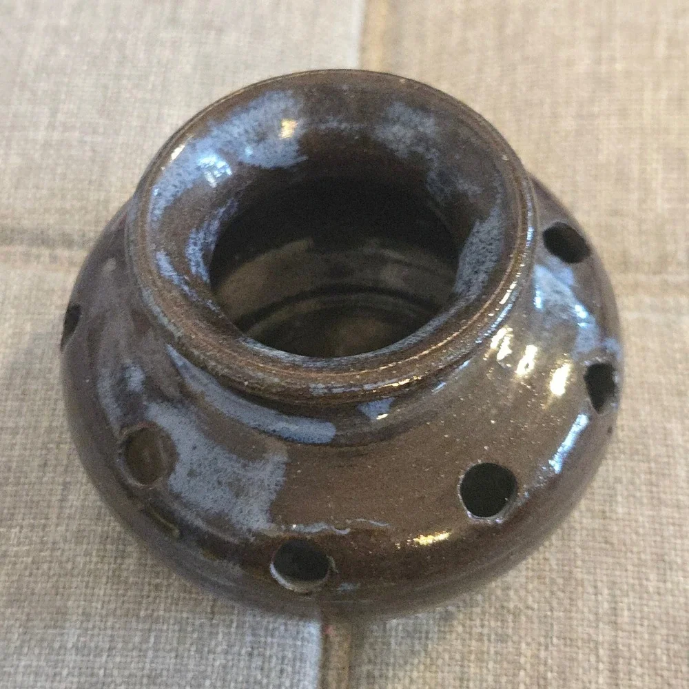 VTG J. Lagues Stoneware Pierced Incense Holder Brown Celadon Glaze 3x4 Potpourri